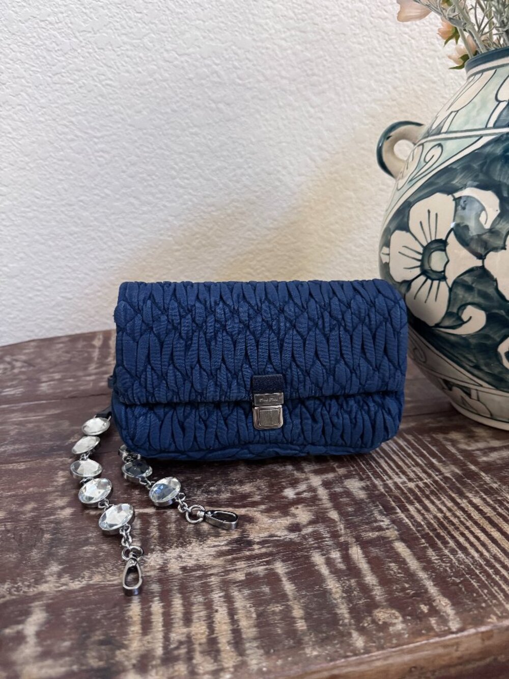 Miu Miu Blue Matelassé Crystal Strap Shoulder Bag Authentic + COA